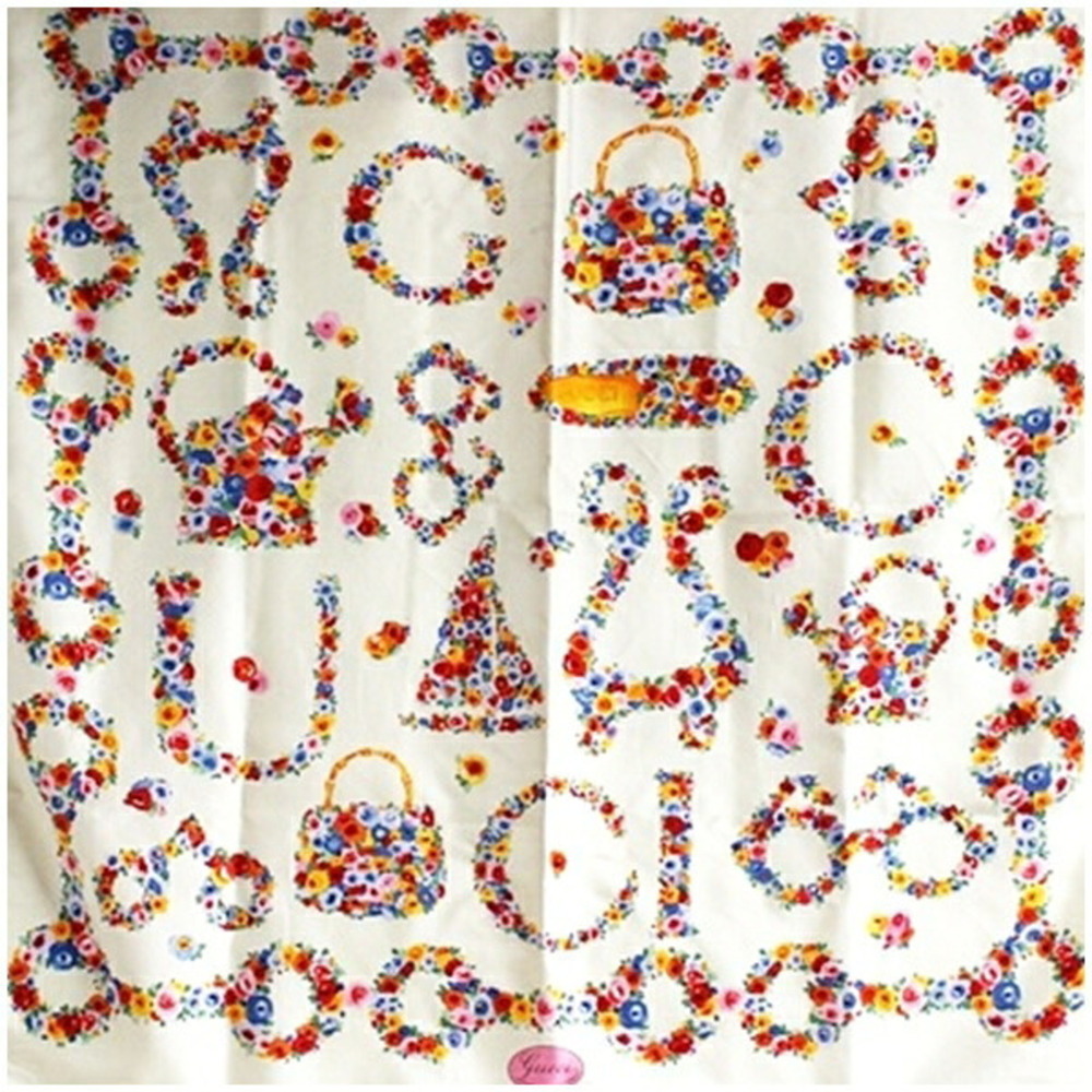 Gucci Silk Scarf Muffler, Ivory x Floral Pattern, GUCCI, Women's